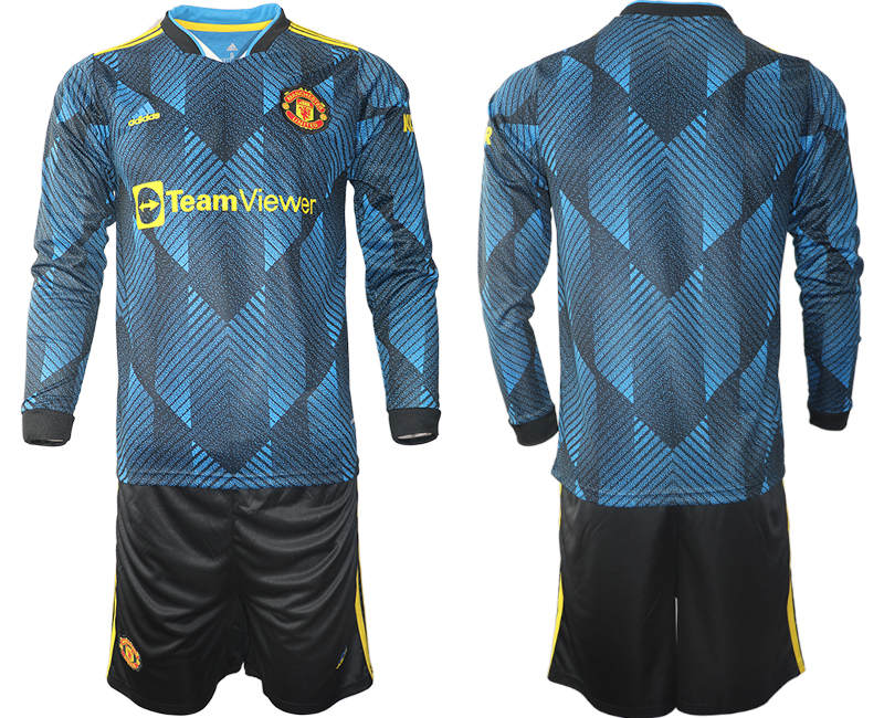 Men 2021-2022 Club Manchester united second away blue Long Sleeve blank Soccer Jersey